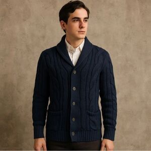 American Eagle Shawl Collar Cable Knit Fisherman's Cardigan Small Navy Cabincore